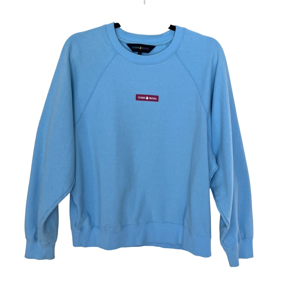 Teddy Fresh Mens Small Light Blue Raglan Crewneck Sweatshirt Logo Patch Pullover